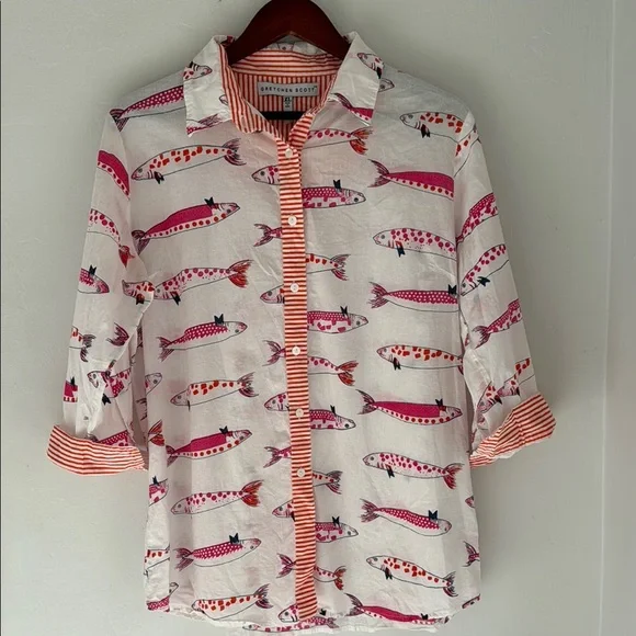 Gretchen Scott Blouse Womens XL Fish Print Button Up Shirt Beach Vacation Cotton - Picture 2 of 12